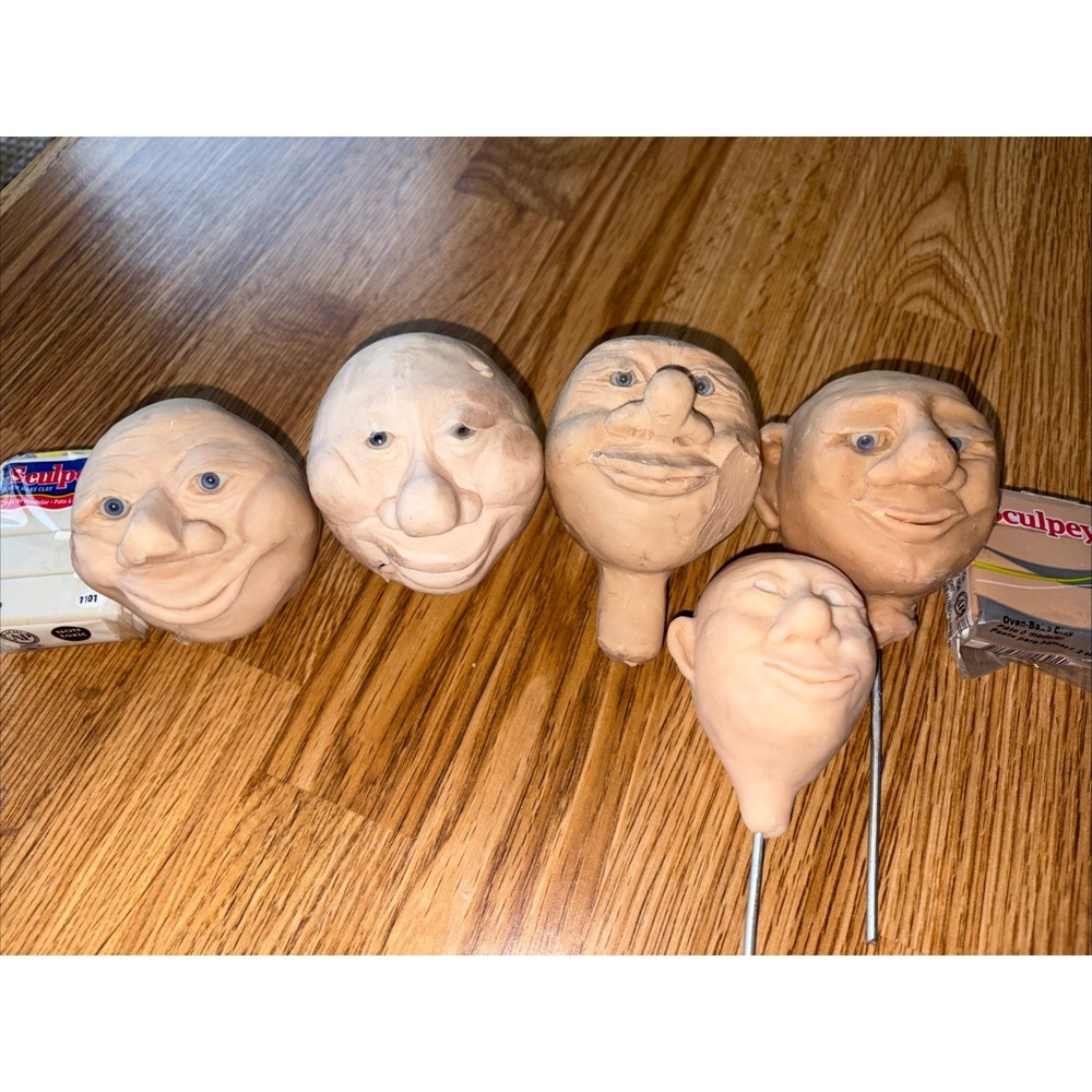Hand Sculpted Clay Head Lot Of 5 Sticky Most With Eyes